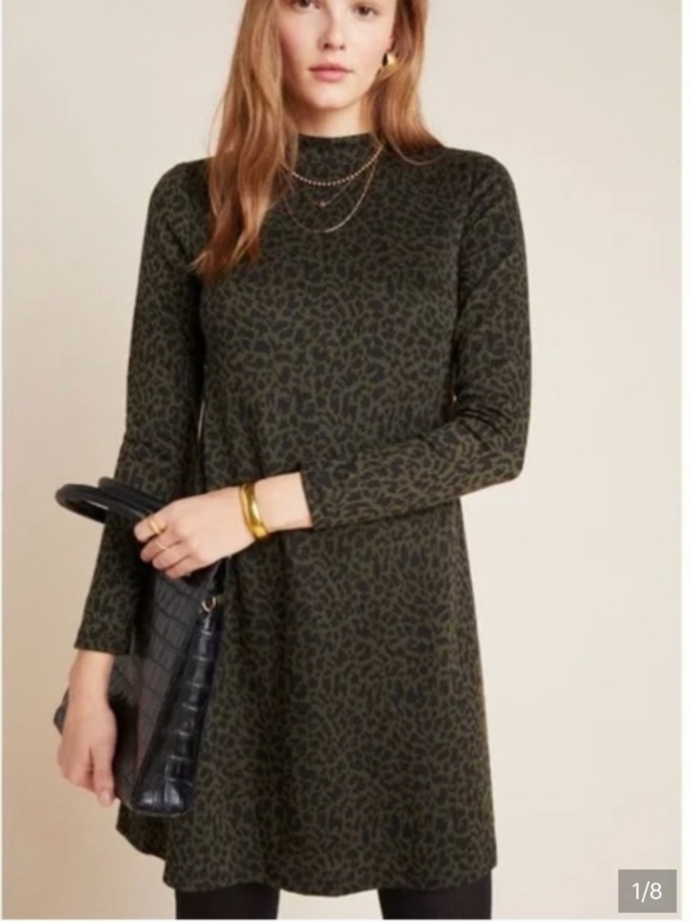 Anthropologie Hutch Olive Green Leopard Print Dress Size Large